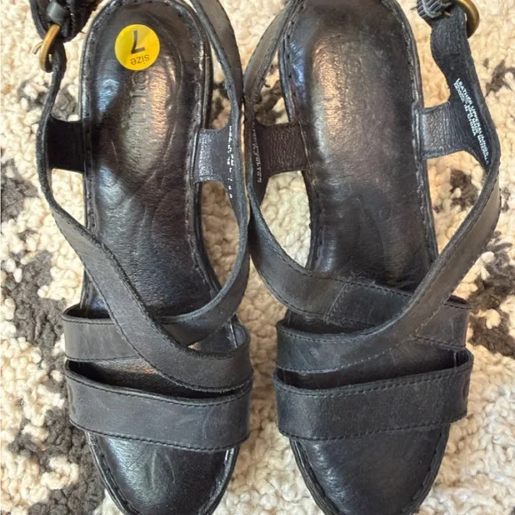 Born Black Leather Cross-Strap Slingback Wedge Comfort Sandals - Picture 5 of 8